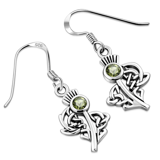 Peridot Stone Scottish Thistle Silver Earrings Set