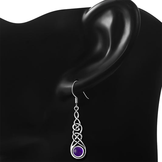 Amethyst Stone Celtic Long Silver Earrings