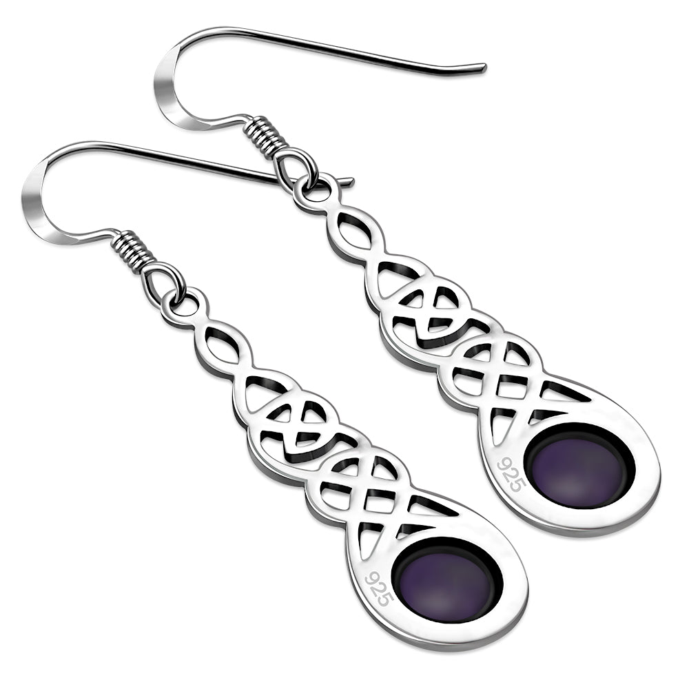 Amethyst Stone Celtic Long Silver Earrings