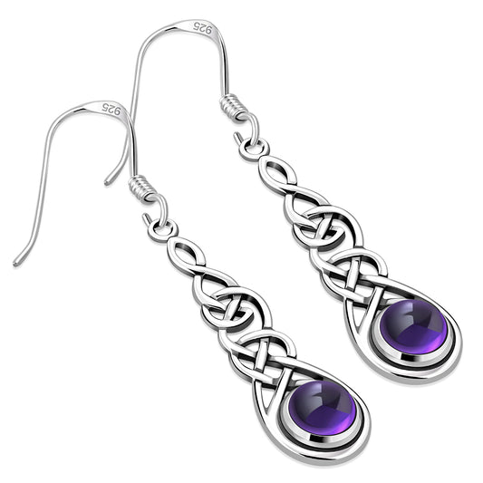 Amethyst Stone Celtic Long Silver Earrings