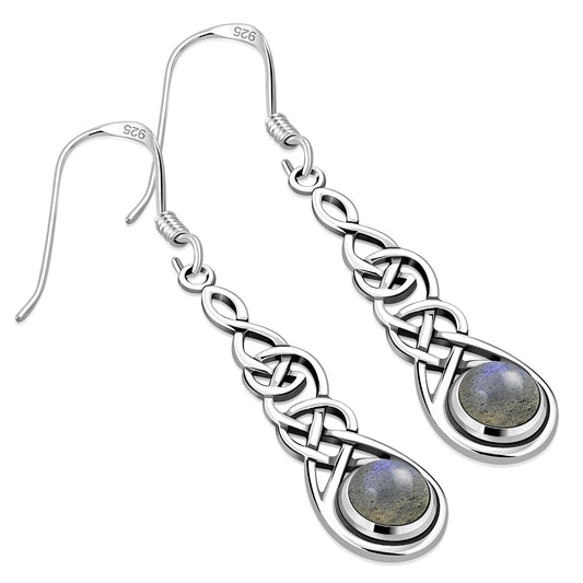 Labradorite Celtic Silver Long Drop Dangle Hook Earrings