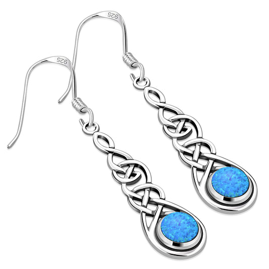 Synthetic Blue Opal Celtic Long Earrings