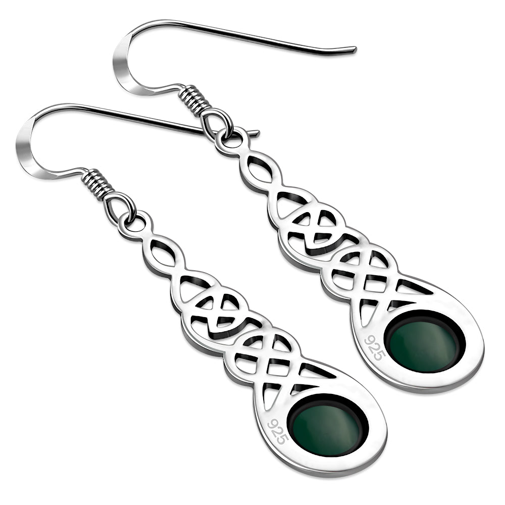 Green Agate Celtic Silver Long Drop Dangle Hook Earrings