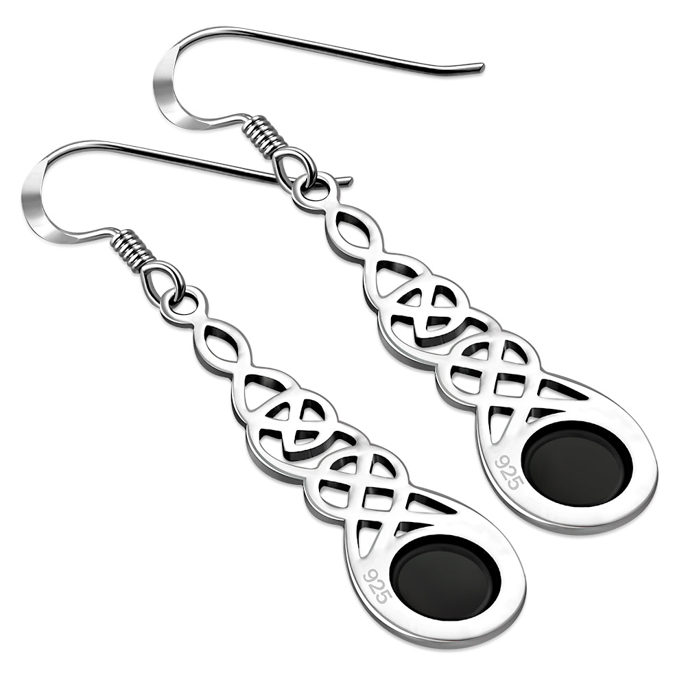 Black Onyx Celtic Long Silver Earrings