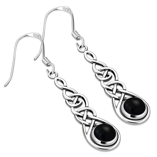 Black Onyx Celtic Long Silver Earrings