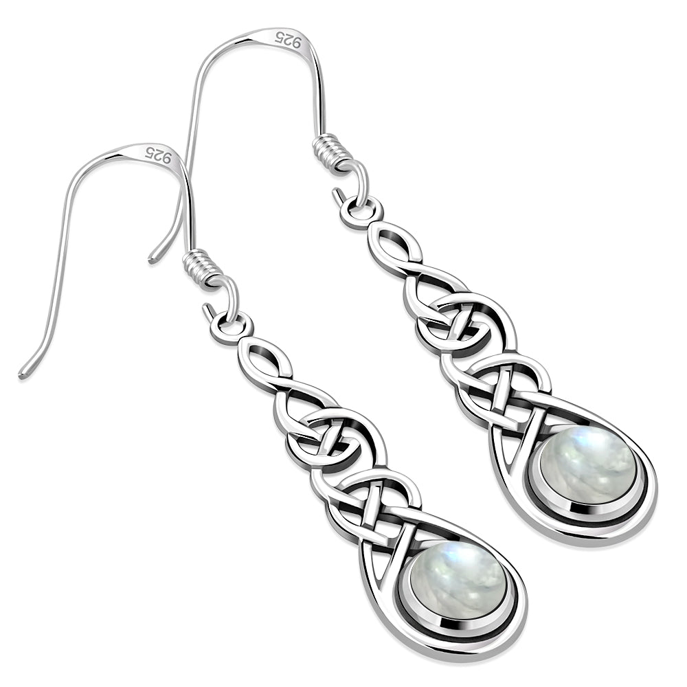 Rainbow Moonstone Celtic Long Silver Earrings