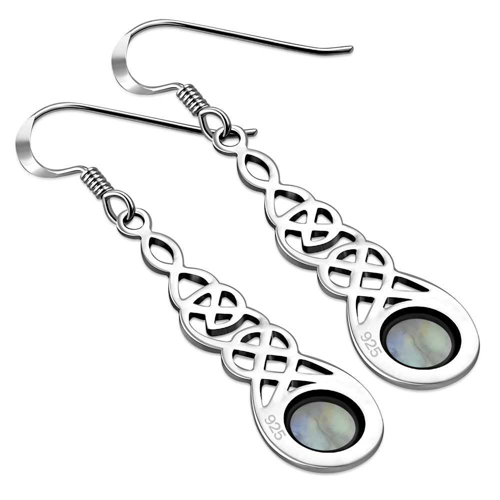 Rainbow Moonstone Celtic Long Silver Earrings