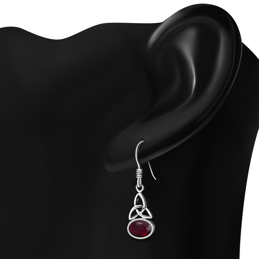 Garnet Stone Celtic Trinity Knot Silver Earrings