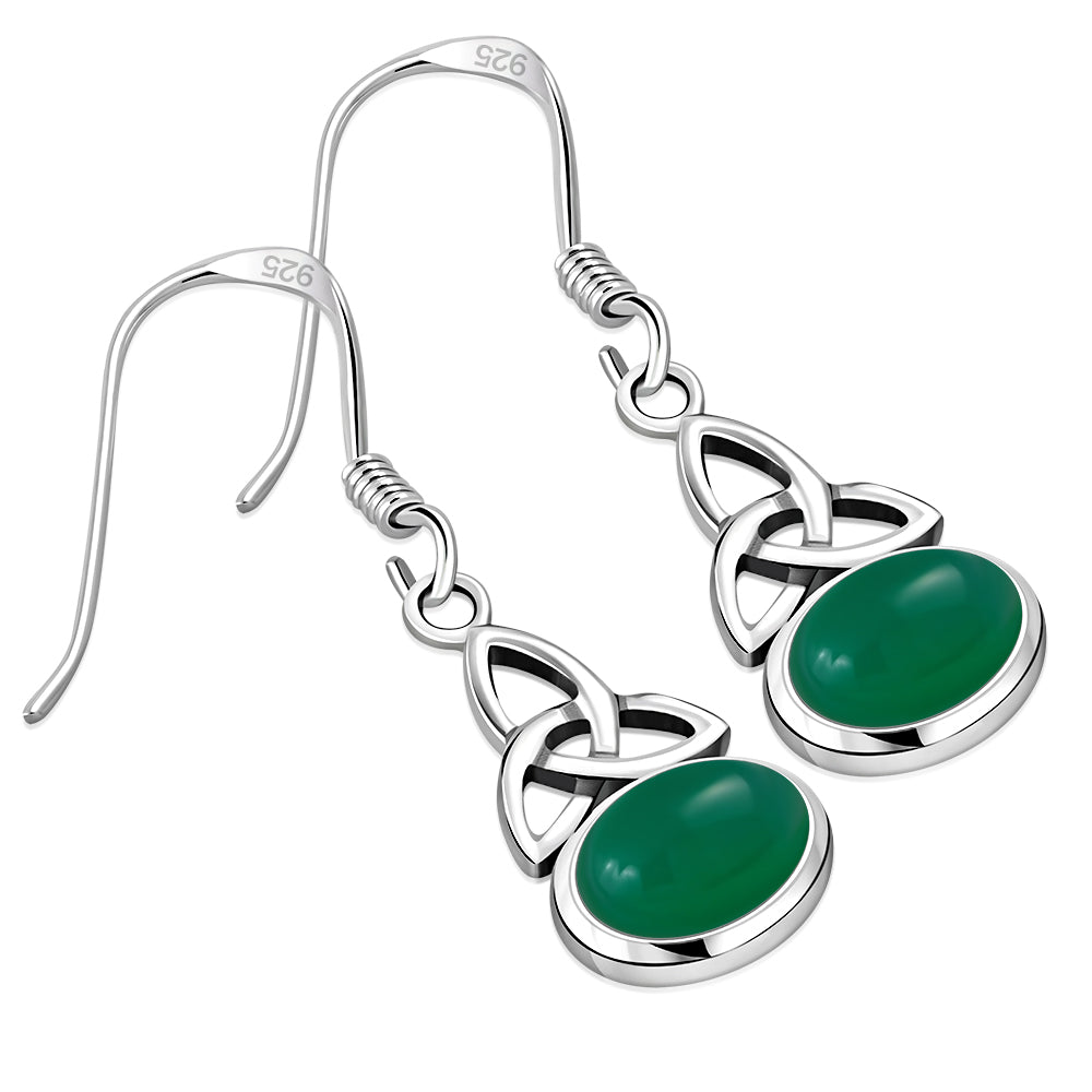 Green Agate Celtic Trinity Knot Silver Earrings