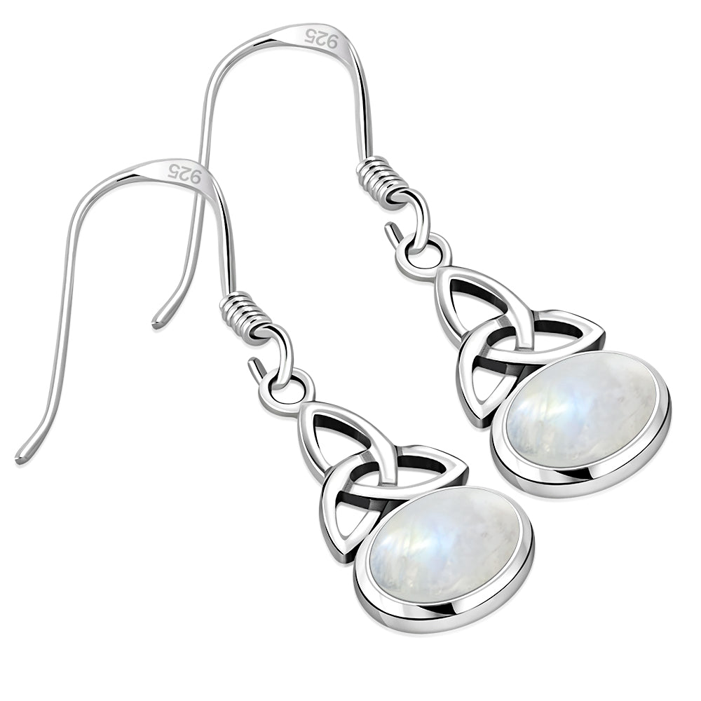 Rainbow Moonstone Celtic Trinity Knot Silver Earrings