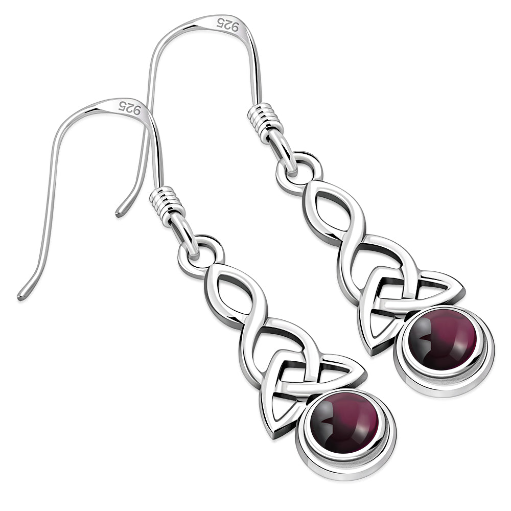 Long Garnet Stone Trinity Knot Sterling Silver Earrings