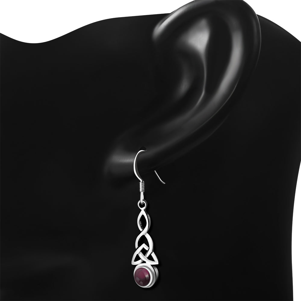 Long Garnet Stone Trinity Knot Sterling Silver Earrings