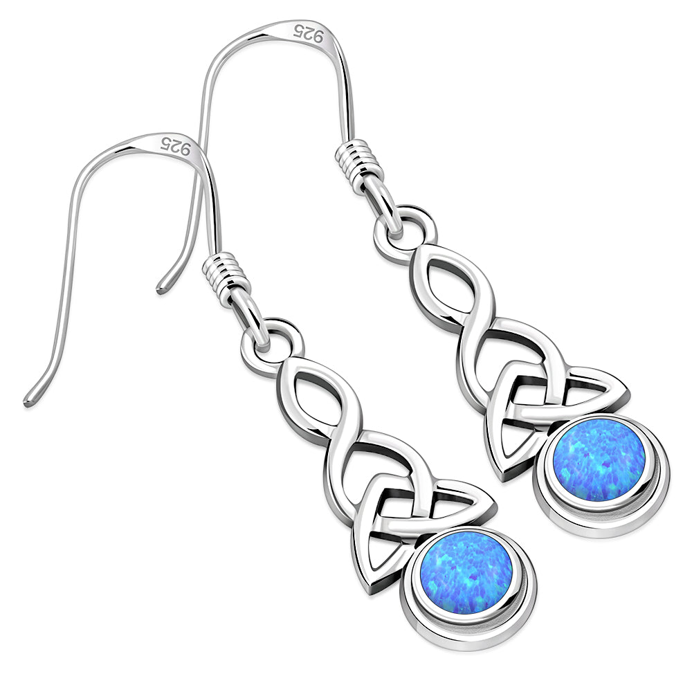 Long Synthetic Blue Opal Trinity Knot Silver Earrings