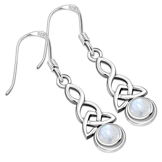 Long Rainbow Moonstone Trinity Knot Silver Earrings