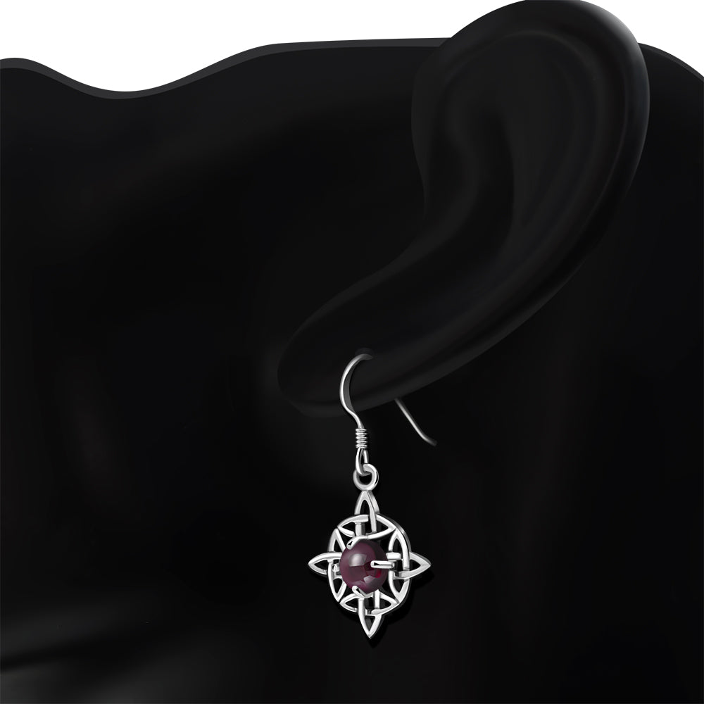 Garnet Stone Celtic Knot Silver Earrings