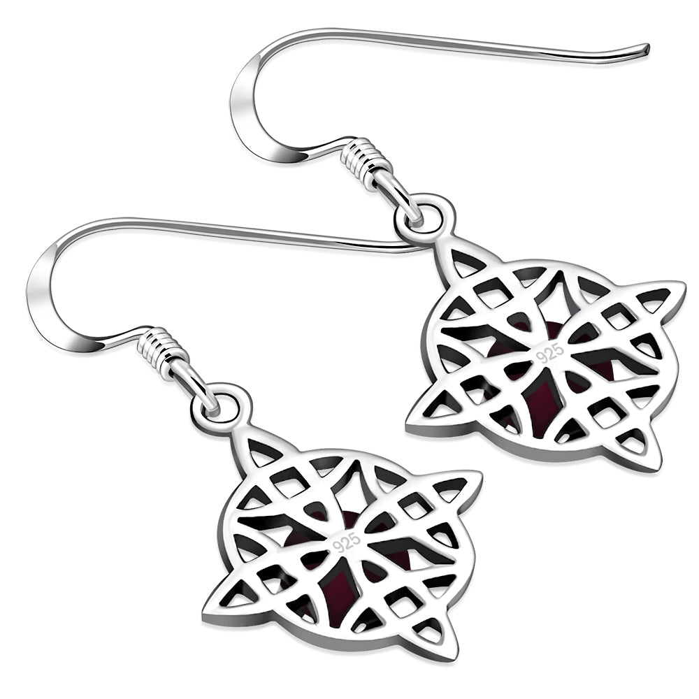 Garnet Stone Celtic Knot Silver Earrings