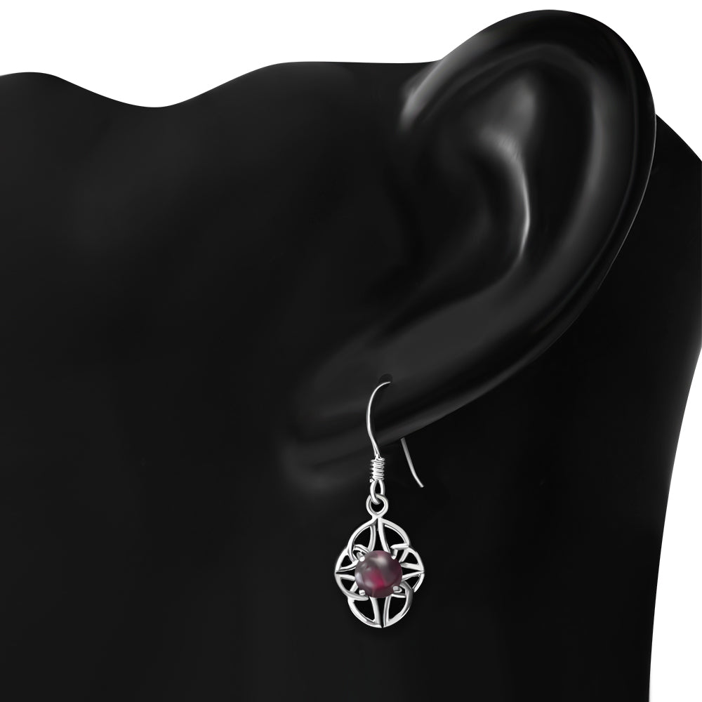 Garnet Stone Celtic Knot Silver Earrings