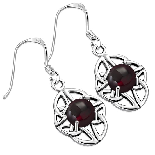 Garnet Stone Celtic Knot Silver Earrings