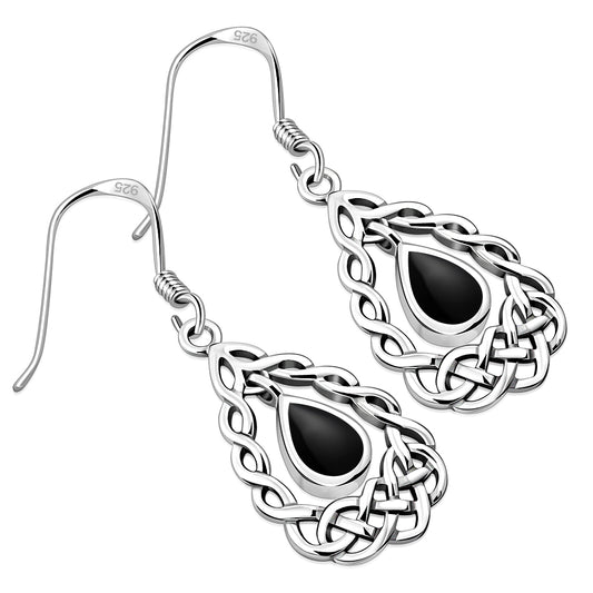 Black Onyx Drop Silver Celtic Knot Earrings