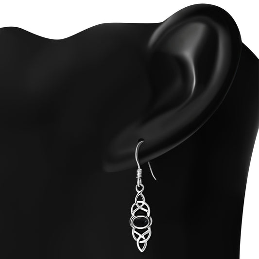 Black Onyx Long Celtic Silver Earrings