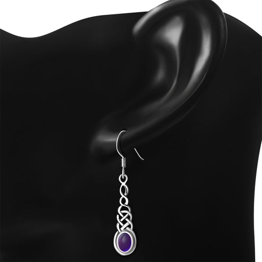 Amethyst Stone Long Celtic Knot Silver Earrings