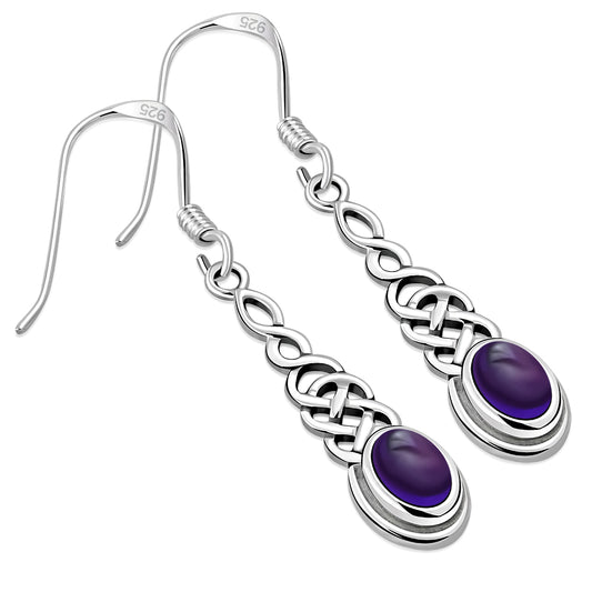 Amethyst Stone Long Celtic Knot Silver Earrings