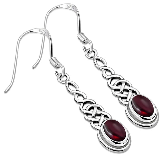 Garnet Long Celtic Knot Silver Earrings