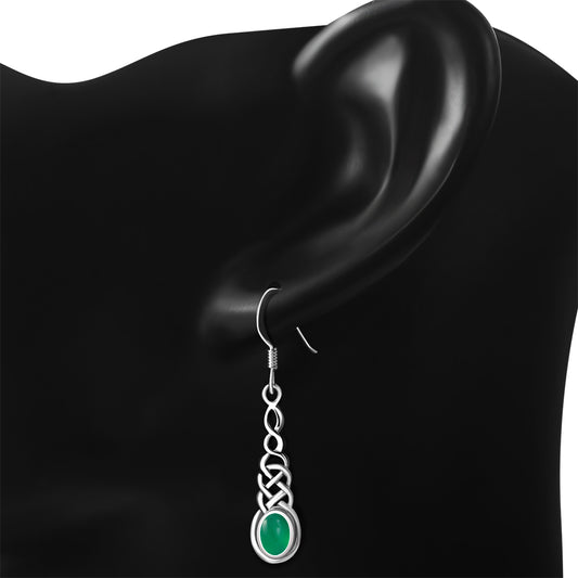 Green Agate Celtic Silver Long Drop Dangle Hook Earrings