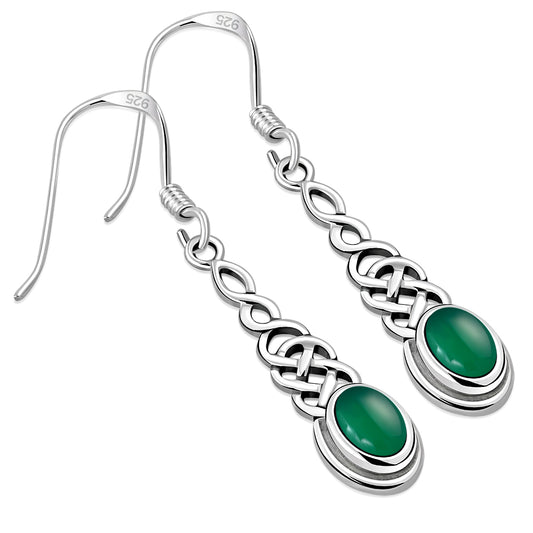 Green Agate Celtic Silver Long Drop Dangle Hook Earrings