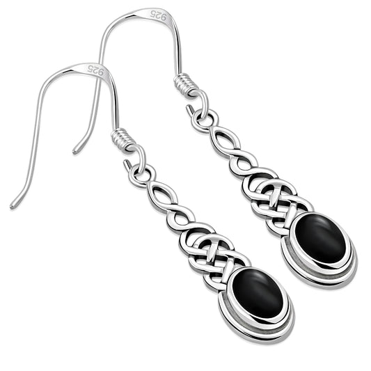 Black Onyx Long Celtic Silver Earrings