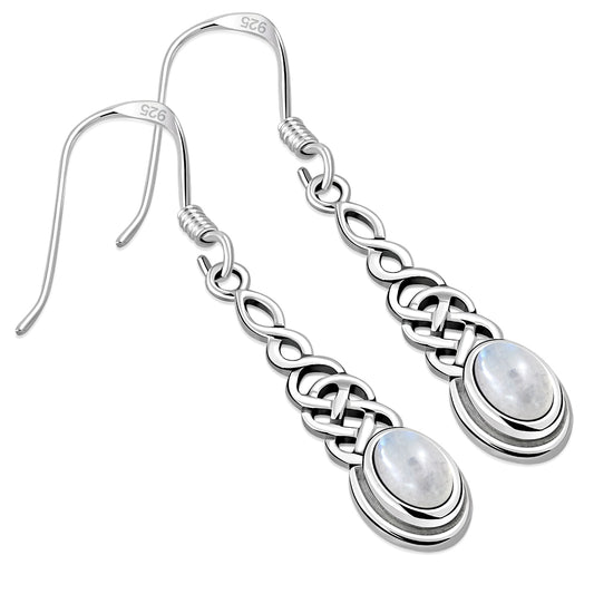 Rainbow Moonstone Long Celtic Silver Earrings