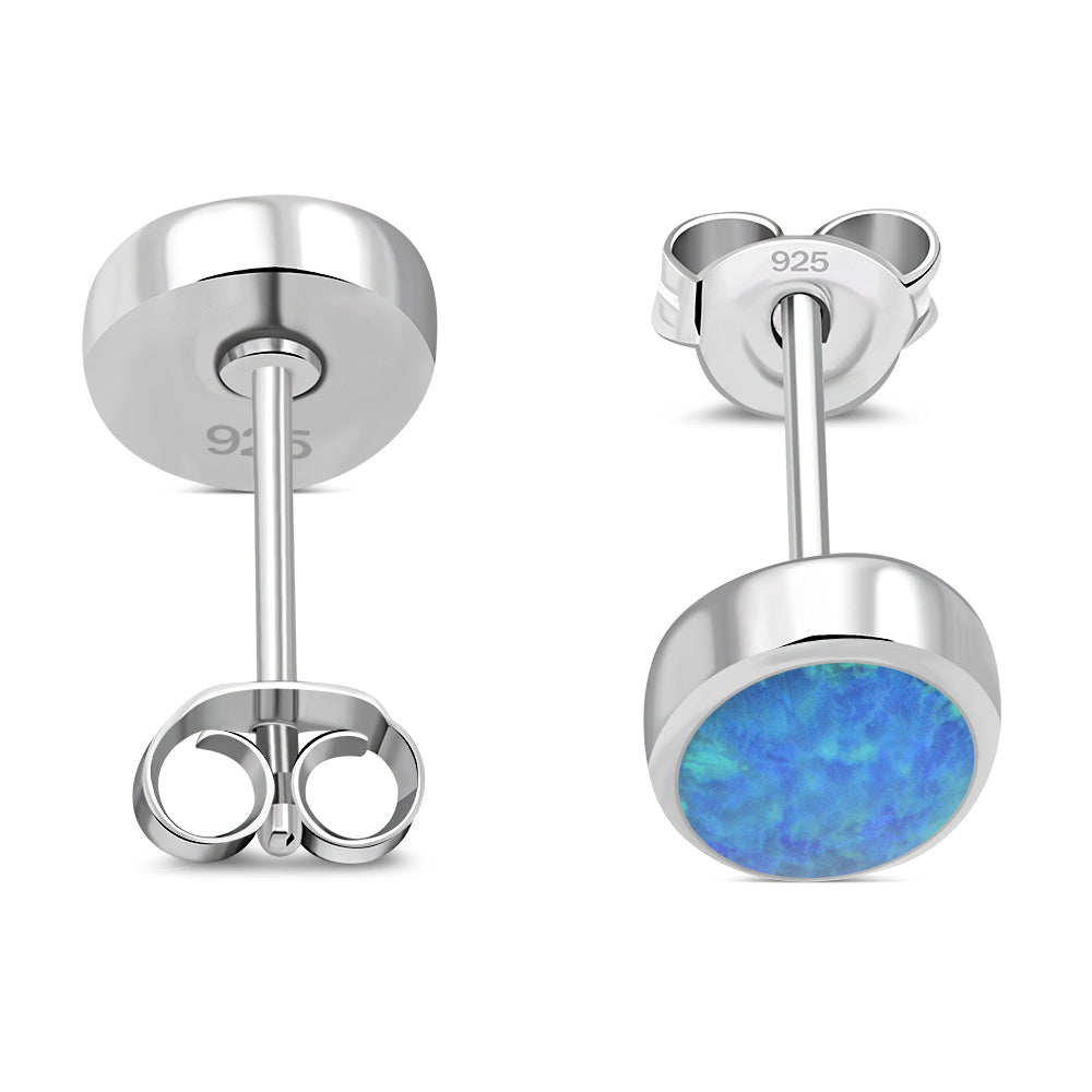 Synthetic Blue Opal Oval Stud Sterling Silver Earrings