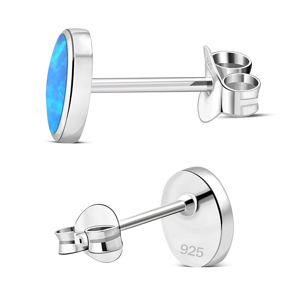 Synthetic Blue Opal Oval Stud Sterling Silver Earrings