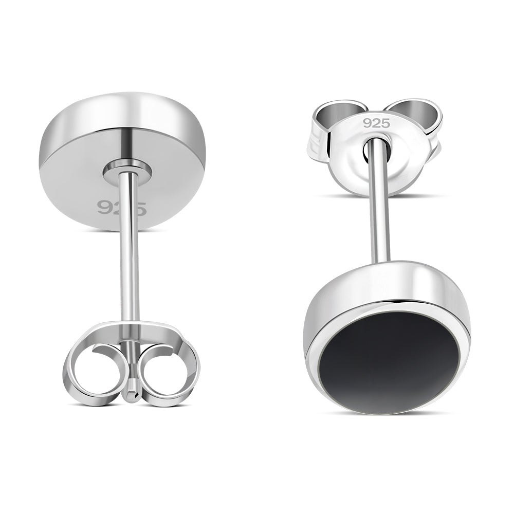 Black Onyx Oval Stud Silver Earrings