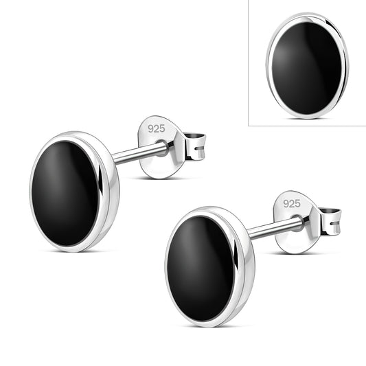 Black Onyx Oval Stud Silver Earrings