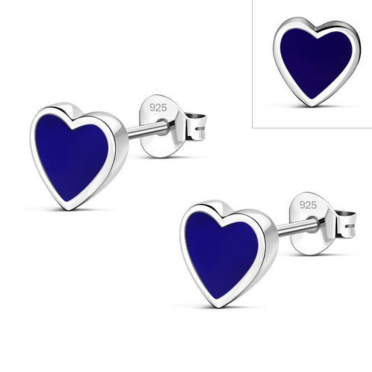 Lapis Lazuli Blue Stone Heart Stud Silver Earrings