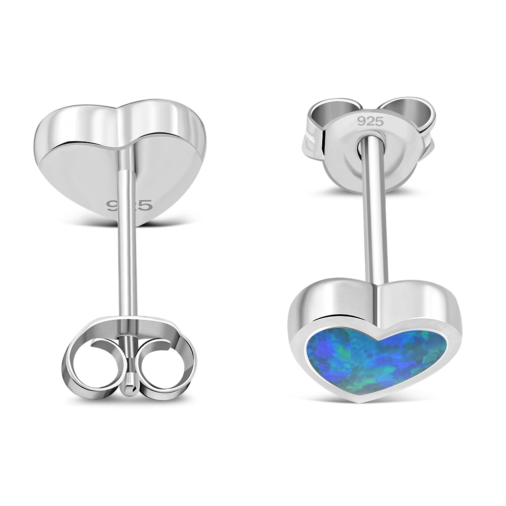 Synthetic Blue Opal Heart Stud Silver Earrings
