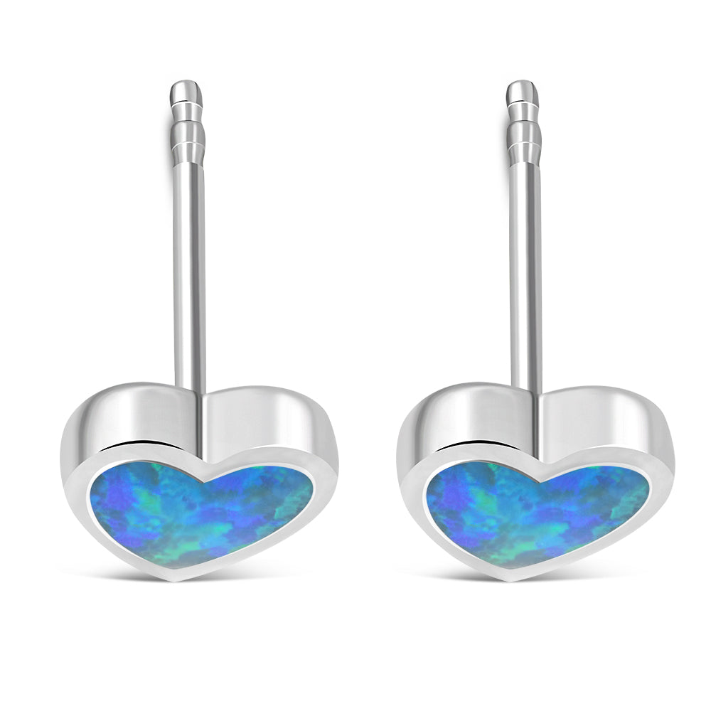 Synthetic Blue Opal Heart Stud Silver Earrings