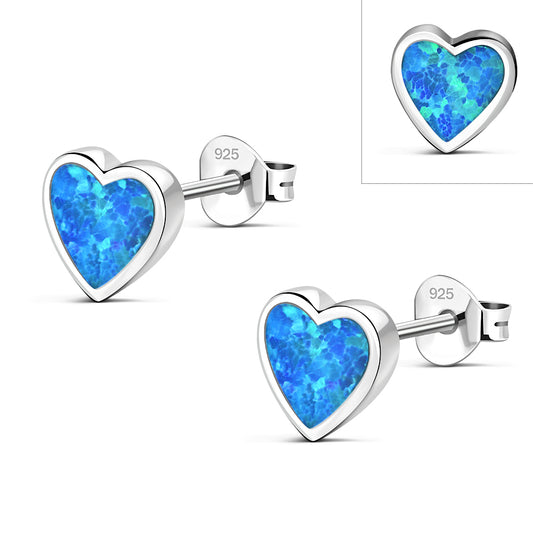 Synthetic Blue Opal Heart Stud Silver Earrings