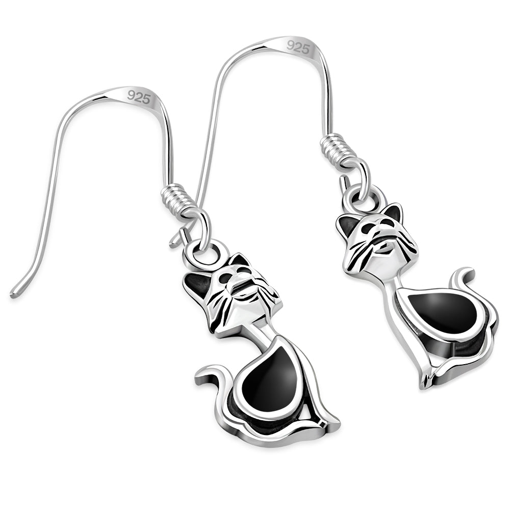 Cat Silver Earrings w Drop Shaped Black Onyx