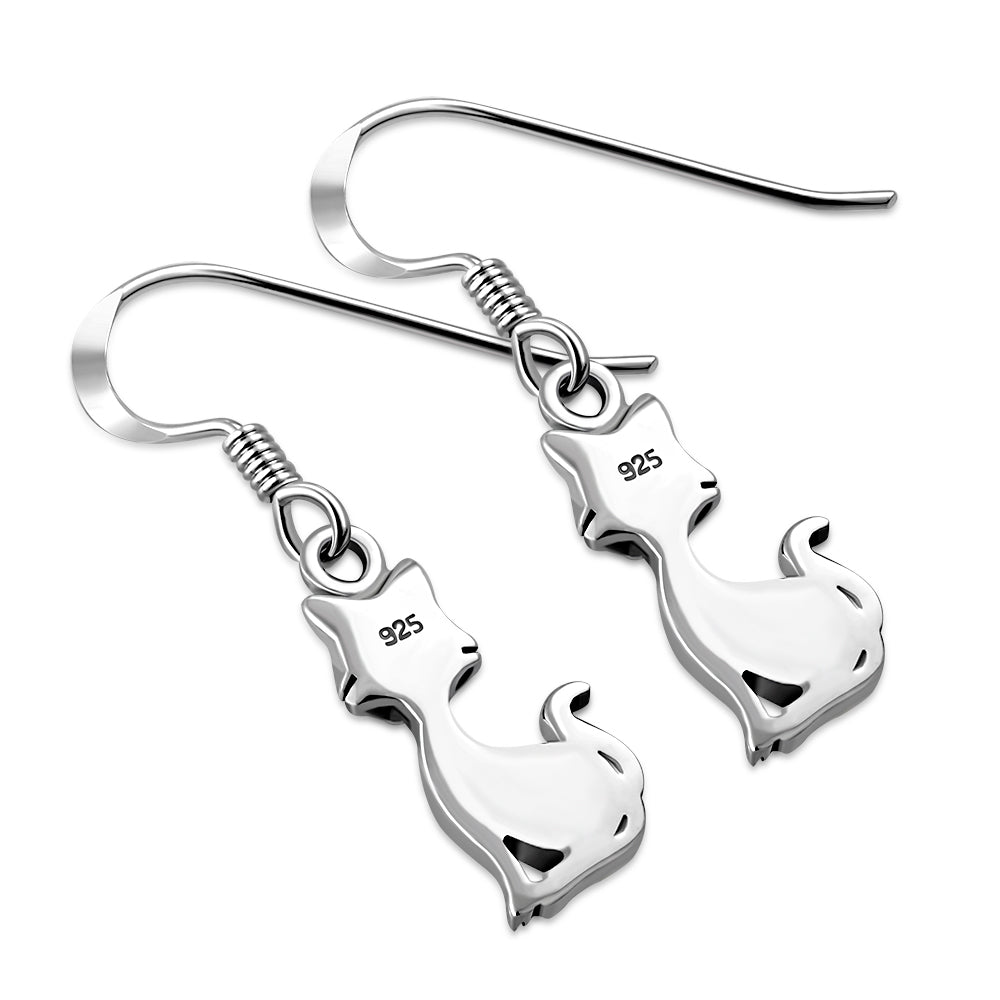 Cat Silver Earrings w Drop Shaped Black Onyx