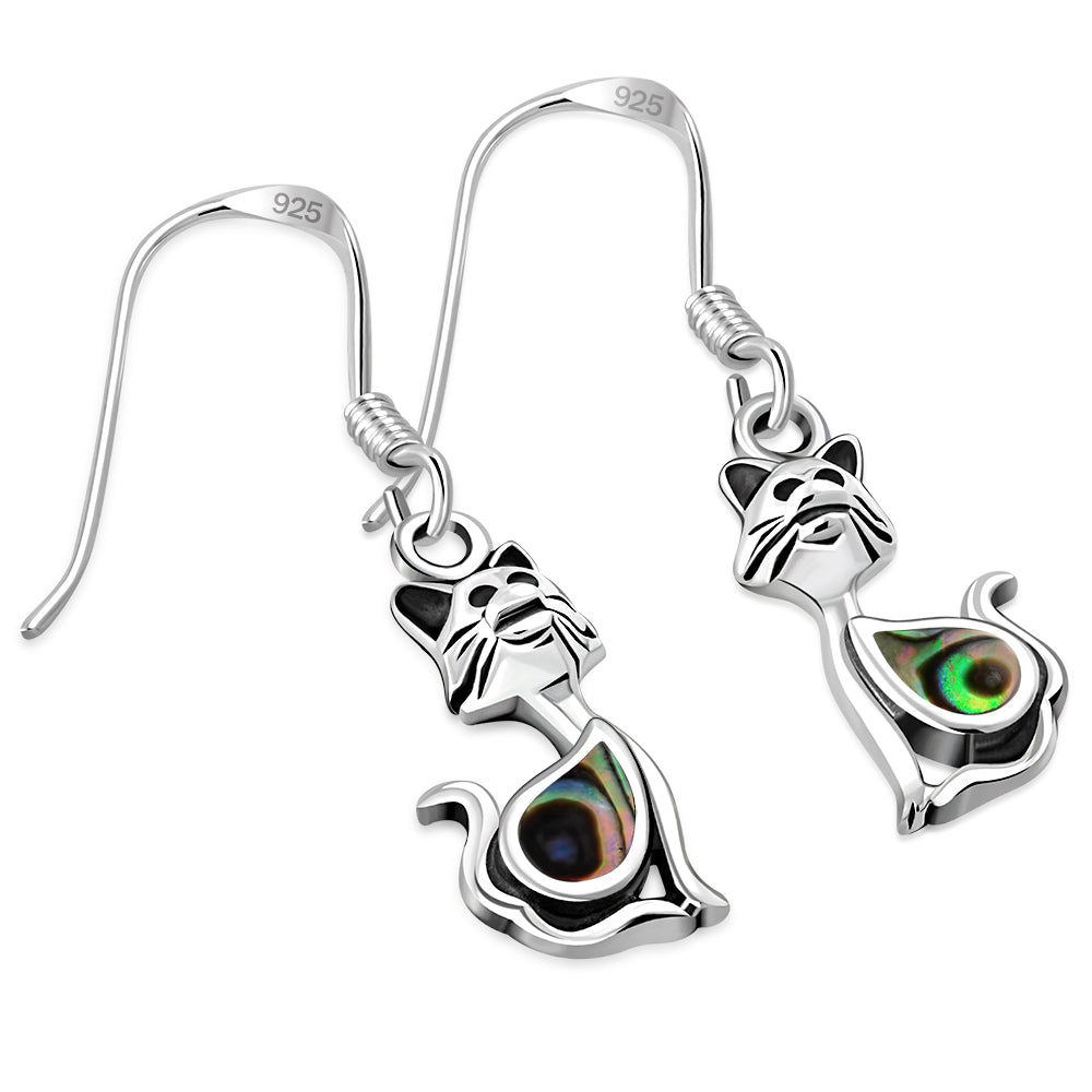 Cat Silver Earrings w Drop Shaped Abalone Shell