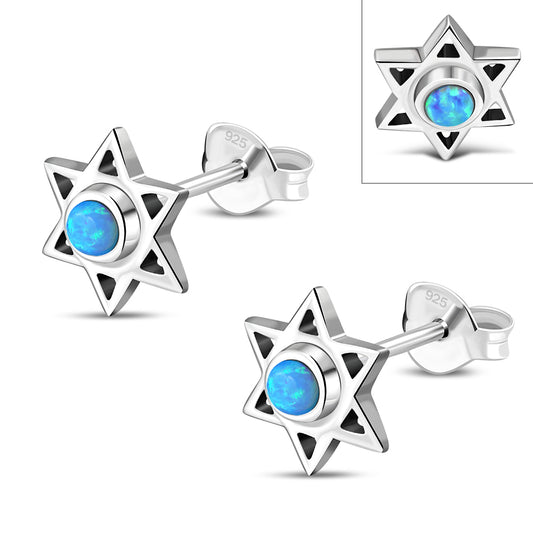 Star Of David Jewish Judaica 925 Sterling Silver Stud Earrings With Synthetic Blue Opal