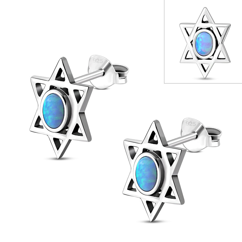 Star Of David Jewish Judaica 925 Sterling Silver Stud Earrings With Synthetic Blue Opal