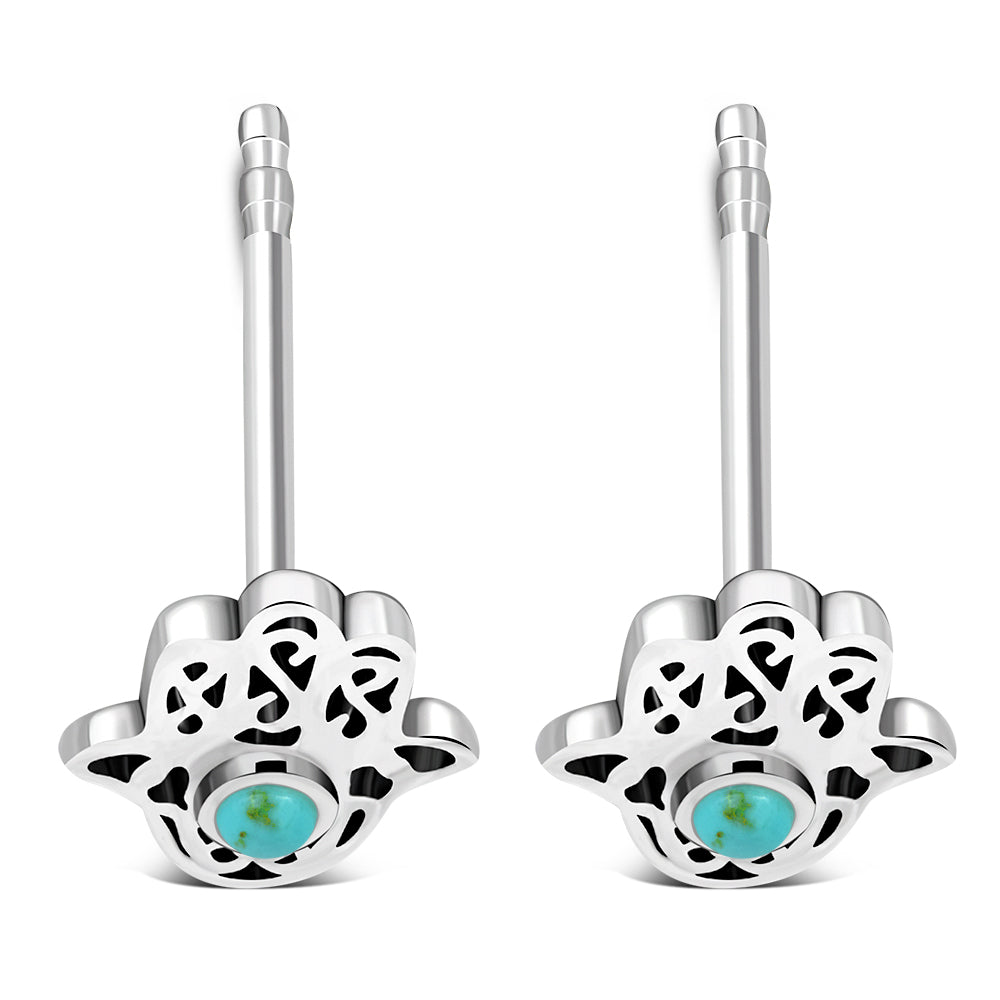 Hamsa Stud Silver Earrings set w/ Turquoise