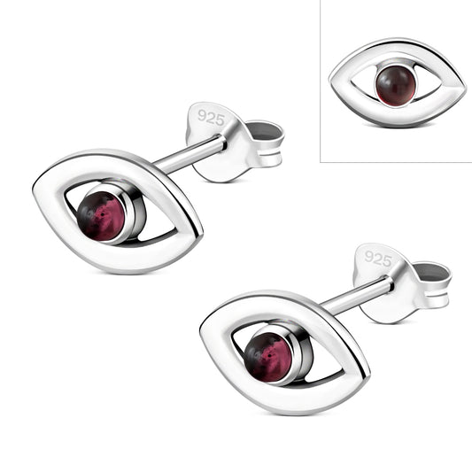 Garnet Evil Eye Sterling Silver Stud Earrings