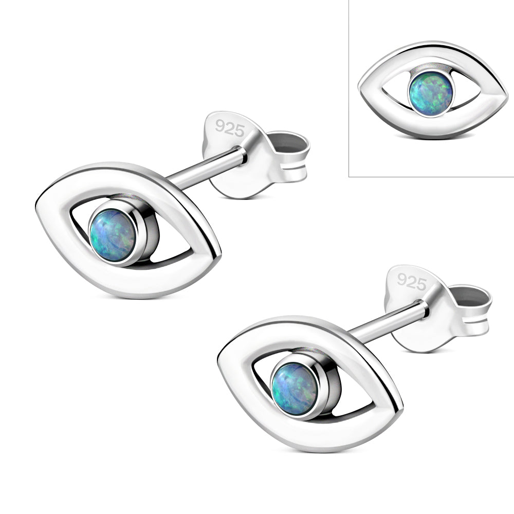 Synthetic Blue Opal Evil Eye Stud Silver Earrings