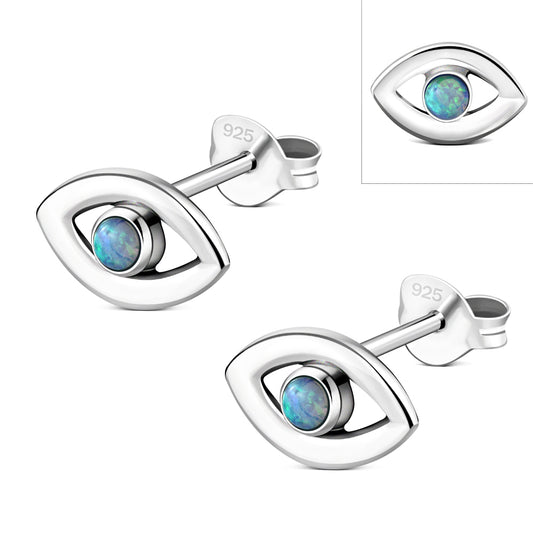 Synthetic Blue Opal Evil Eye Stud Silver Earrings