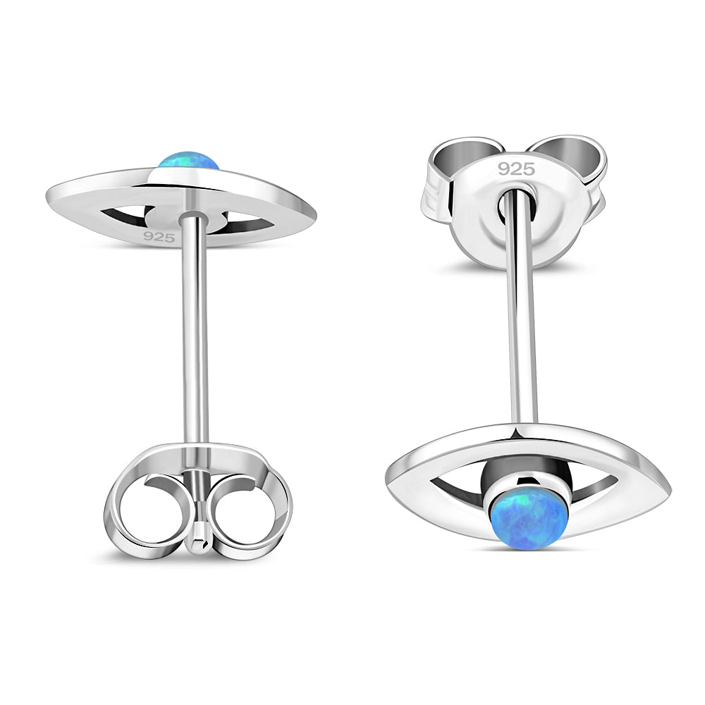 Synthetic Blue Opal Evil Eye Stud Silver Earrings