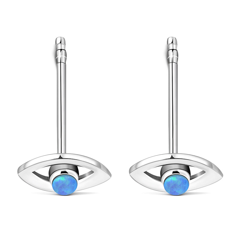 Synthetic Blue Opal Evil Eye Stud Silver Earrings